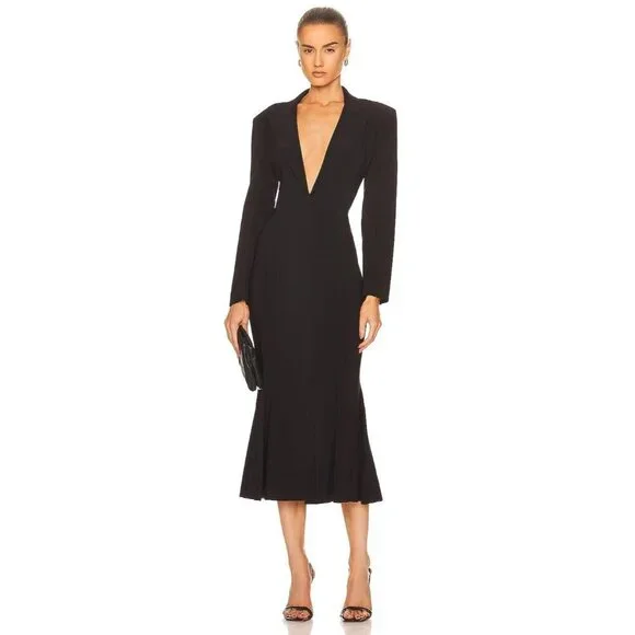 knee length dresses for ladies Smocked Fishtail Midi Dress in Recycled Faille - Black main image 1